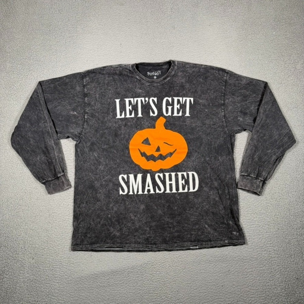 Spirit Halloween Shirt Mens XL Charcoal Gray Fade Boxy Pumpkin Lets Get Smashed